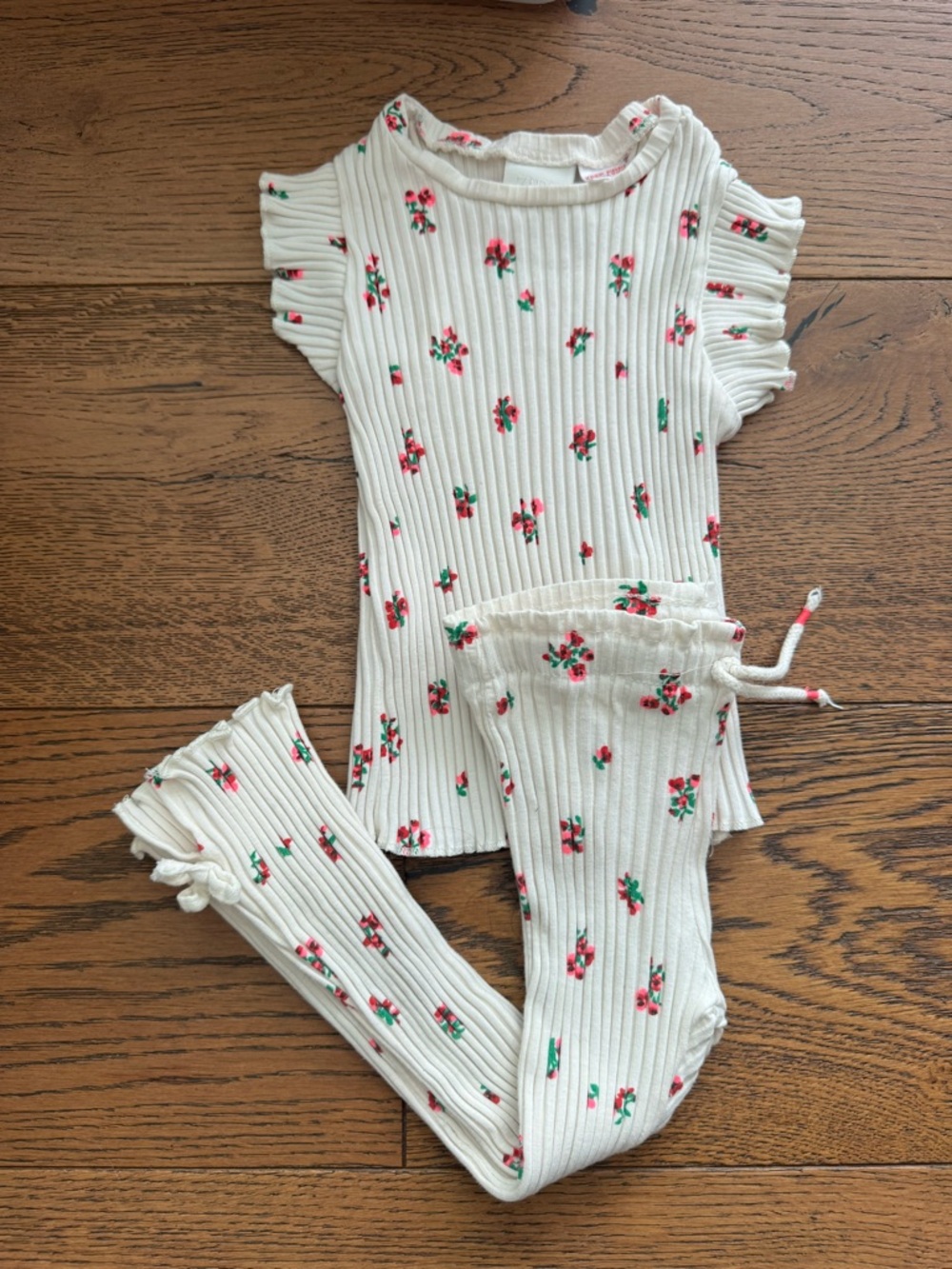 Zara Cream Ribbed Floral Top with Pink & Green Accents